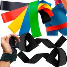 KIT FUNCIONAL 5 Elásticos para Treino  + 1 Par Straps 100% Algodão Para Academia Levantamento Peso