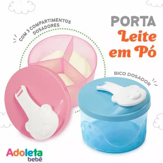 Pote Dosador com Divisória Para Leite Em Pó Papinhas Bebês Mamadeira Adoleta AZUL ou ROSA