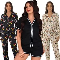Pijama Feminino Aberto Adulto Baby Doll Americano Luxo/ Pijama Feminino Curto Aberto Botão Frontal