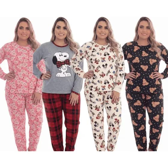 Pijama Feminino Longo Inverno Quentinho Estampado Personagens Plus Size Manga Longa Conjunto