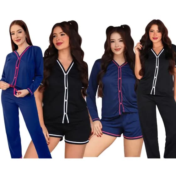 Kit Pijama Feminino Americano Aberto 4 Em 1 Curto E Longo 2 Peças 4 Combinações Malha Confortável