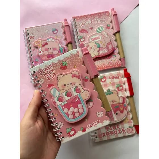 Bloco de Anotações Com Caneta Ursinho Borboleta 3D Fofo Mini Caderno Papelaria