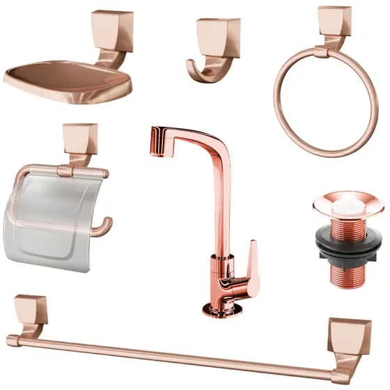 Kit de Acessórios em ABS para Banheiro Rose Gold + Torneira + Válvula