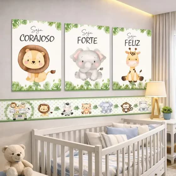 Kit Quadro Decorativo + Faixa Adesiva de Parede Infantil Safari Animais