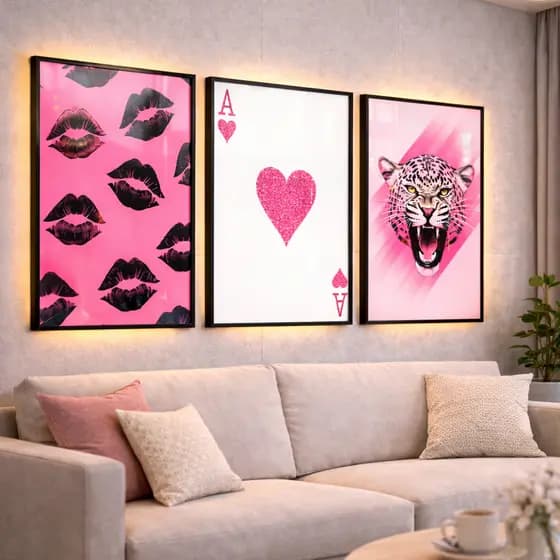 Kit Quadros Decorativos Rosa Quarto Sala De Jogos Carta Beijo Onça Moderno 3 Peças