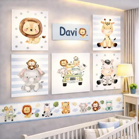 5 Quadros Decorativos Safari Zoo Para Quarto Bebe Menino Infantil + 1 Faixa Adesiva Personalizada