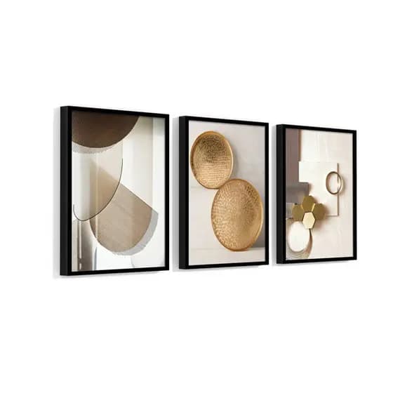 Kit 3 Quadros Moldura Sala Geométrico Moderno Ouro Hall Luxo