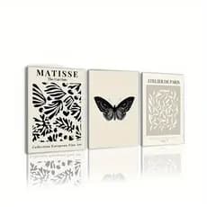 Conjunto de 3 peças em tela Matise arte mural borboleta decoração preto e branco, pôsteres vintage Hall