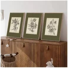 Conjunto de 3 Pinturas de Flores Verdes Boho Quarto Sala Hall