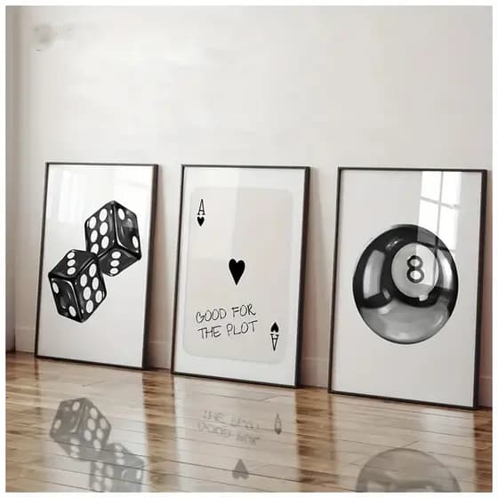 Quadro Decorativo conjunto de 3 Peças de Arte de Parede Bola Nº 8 Preto e Branco, Pôsteres Sala Hall Luxo