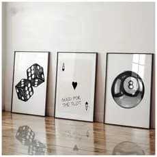 Quadro Decorativo conjunto de 3 Peças de Arte de Parede Bola Nº 8 Preto e Branco, Pôsteres Sala Hall Luxo
