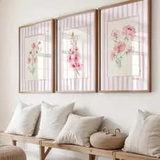 Quadro Decorativo  flores em aquarela minimalista, design listrado para decoração de sala de estar e quarto,