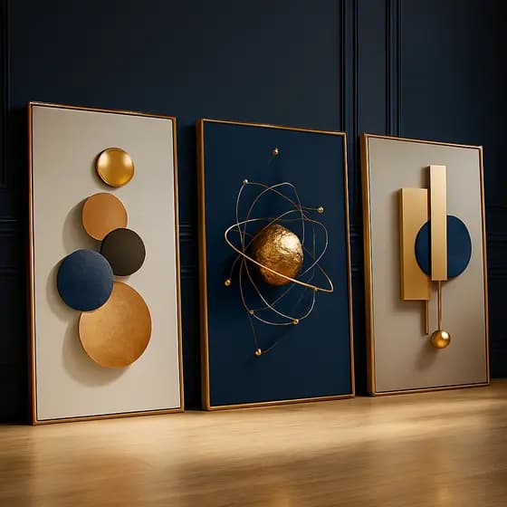 Quadro Decorativo Abstrato Geométrico Sala Azuis Metálico Ouro Sala Hall Luxo