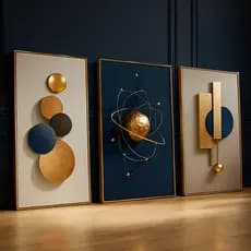 Quadro Decorativo Abstrato Geométrico Sala Azuis Metálico Ouro Sala Hall Luxo