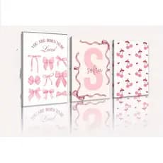 Quadro Decorativo Rosa com Laço e Cereja Nome Personalizado Quarto Abstrato