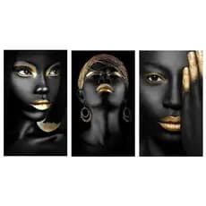 Kit Quadros Decorativo Mosaico 95X50 3 peças MDF Mulher Negra Africana Woman Face Arte Preto Dourado