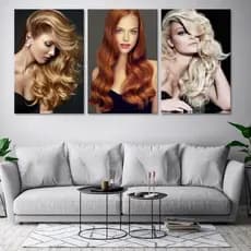 Kit Quadros Decorativo Mosaico 90X50 3 peças MDF Salão De Beleza Cabelos Ao Vento Mulheres Decoração