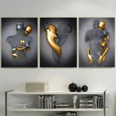 Kit Quadros Decorativo Mosaico 90X50 3 peças MDF Preto Dourado Amor Coração Casal Pintura Decoração
