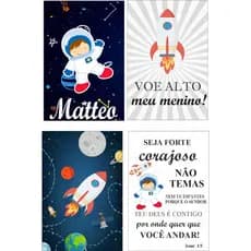 kit Placas Quadros Decorativo MDF 4 peças 20x30 Infantil Planeta Decoração Quarto Bebe Menino + Nome