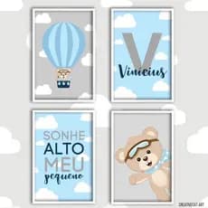 Kit Placas Quadro Decorativo MDF 20x30 Quarto Menino Infantil Azul 4 Pçs Urso Balão Sonhe Alto Nome