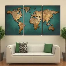 kit Quadros Decorativo Mosaico 3 peças 60x40 MDF Mapa Mundi Luxo Verde Dourado 120x60 Sala Quarto
