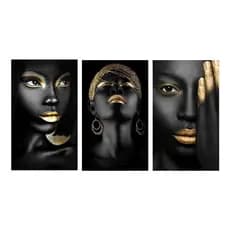 Kit Quadros Decorativo Mosaico 120x60 MDF 3 peças Mulher Africana Woman Faces Arte Golden Black