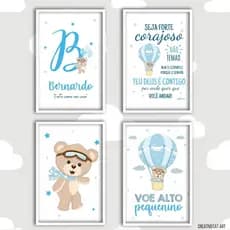 kit placa quadrinho infantil quarto menino decorativo 4 peças 20x30 ursinho balão nome personalizado
