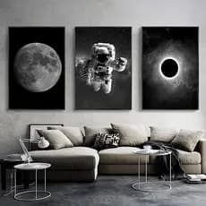 Kit Quadros Decorativo Mosaico 3 peças 60x40 MDF Astronauta Lua Preto e Branco Casa Sala Quarto Hall