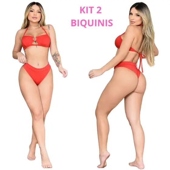 Kit 2 Biquini Feminino Hot Pants Suplex Biquíni Argola De Amarrar Biquine Cintura Alta Praia