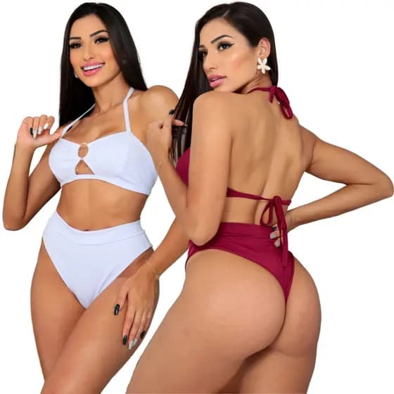 Kit 2 Biquini Feminino Argola Hot Pants Cintura Alta Praia