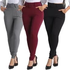 Kit 3 Calça Feminina Skinny Crepe Social Cinto Cintura Alta
