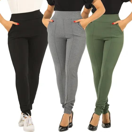 Kit 3 Calça Feminina Cintura Alta Skinny Social Malha Crepe Trabalho