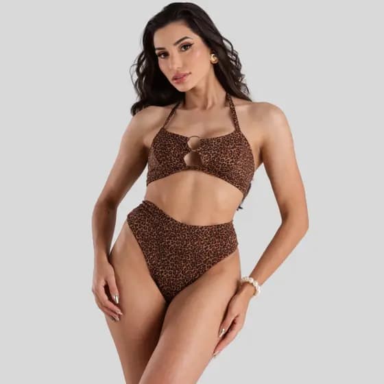 Biquini Feminino Animal Print Hot Pants Suplex Biquíni Argola De Amarrar Biquine Cintura Alta