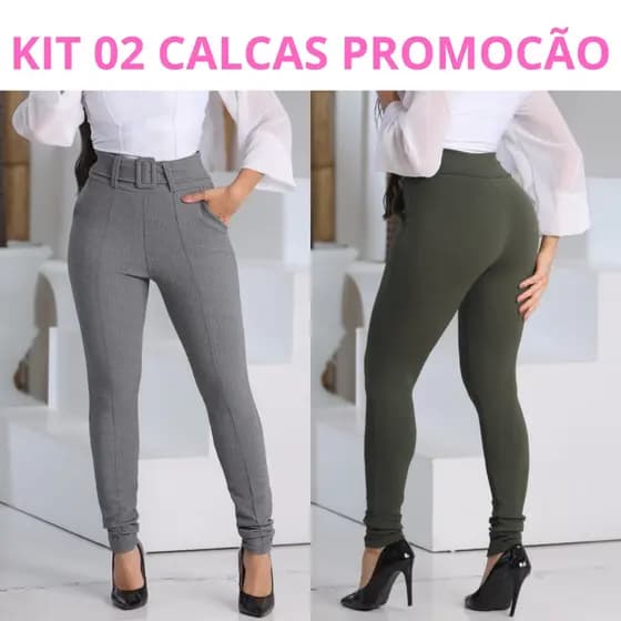 Kit 2 Calça Feminina Crepe Calca Com Cinto Forrado Skinny Cintura Alta Social