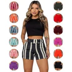 Shorts Feminino Cinto Fivela Bermuda Malha Crepe Bolso Social Cintura Alta Short Basico Elastano