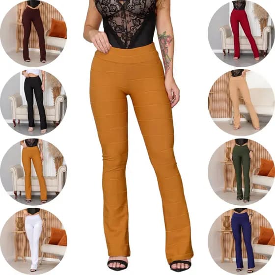 Calca Bandagem Flare Grossa Boca Sino Feminina Cintura Alta Moda