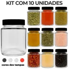 Kit 10 Potes de Vidro 240ml – 4 Cores de Tampa – Potes para Temperos, Castanhas e Cozinha