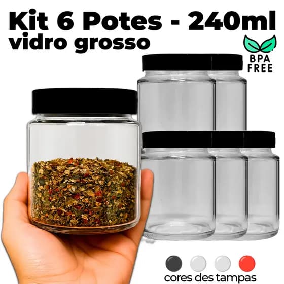 Kit 6 Potes de Vidro 240ml com Tampa – Temperos, Grãos, Cozinha, BPA Free