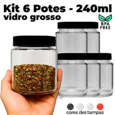 Kit 6 Potes de Vidro 240ml com Tampa – Temperos, Grãos, Cozinha, BPA Free