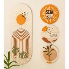 Kit 4 Placas MDF Boho Minimalista Decorativas Sala Quarto Escritório Sol Pássaro Folhagem Terracota