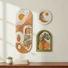 Kit 3 Placas Decorativas MDF Boho Arcos Tons Terrosos para Sala Quarto e Decoração Moderna