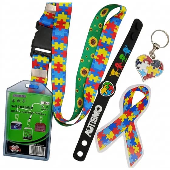 Kit 05 Peças Identificação Autismo Cordão Porta Crachá Pulseira Chaveiro Adesivo Laço Autista
