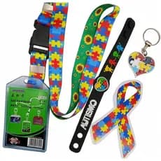 Kit 05 Peças Identificação Autismo Cordão Porta Crachá Pulseira Chaveiro Adesivo Laço Autista