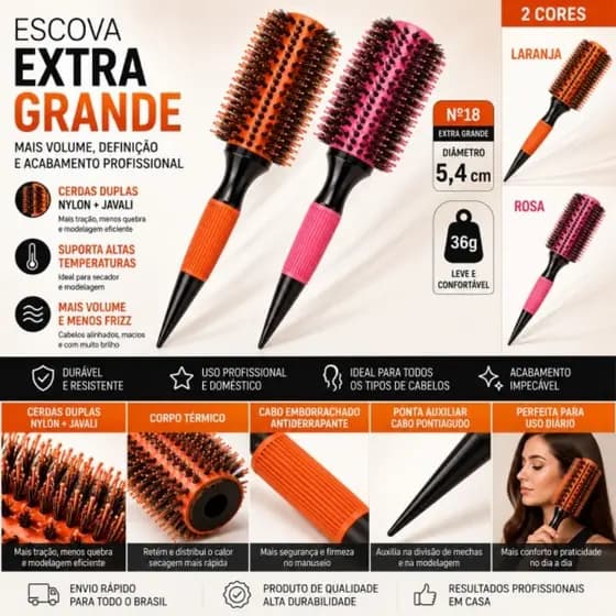 Escova Profissional de Cabelo Cerdas de Pelo de Javali e Silicone Resistente a temperaturas