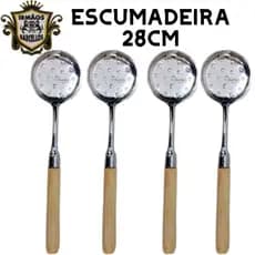 Conjunto Escumadeira Em Alumínio 28CM Com Cabo De Madeira - Utensílios De Cozinha Talheres Espumadeira Para Frituras