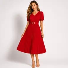 Vestido Feminino Plissado com Manga Bufante e Cinto Brinde Gola V  Look Sofisticado e Moderno