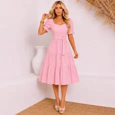 Vestido Midi Feminino Evangélico Três Marias Laise de Malha Forrado Com Laço