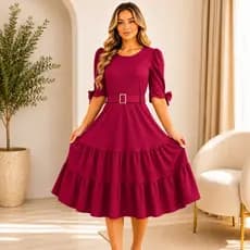 Vestidos Midi 3 Marias com Manga Bufante, Cinto Forrado Malha Canelada