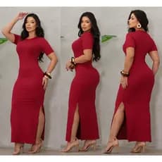 Vestido Longo Manga Curta Com Fenda Lateral Gola Redonda Moda Festas, Balada Malha Canelada