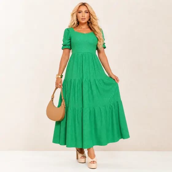 Vestido Longo Três Marias Feminino Malha Laise Midi Manga Bufante Forro no Busto e Saia, Cores Candy